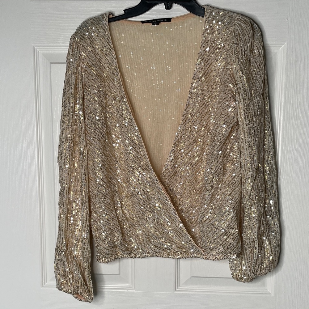 Boston Proper Gold Sequin Wrap Front Long Sleeve Blouse